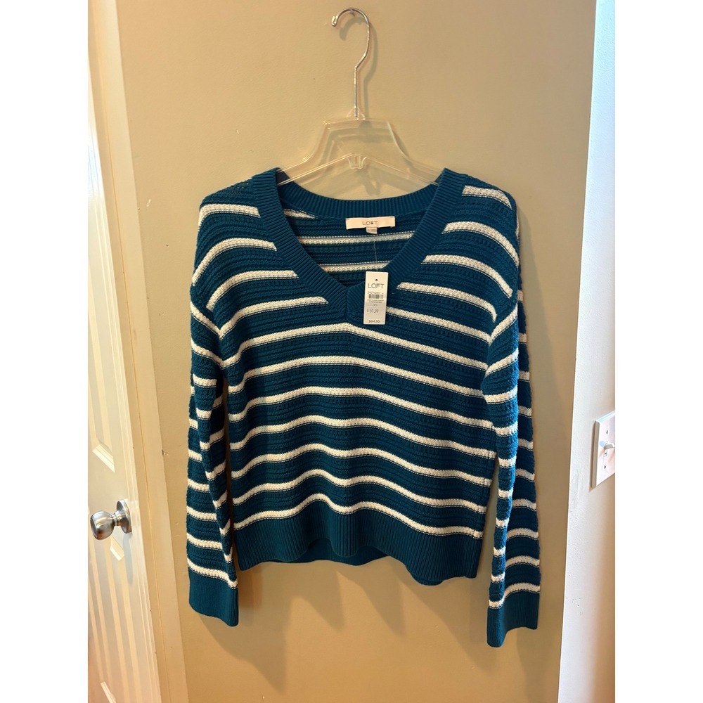 Loft Womens Teal Blue White Striped V-Neck Cotton Knit Sweater XS NWT 39214287